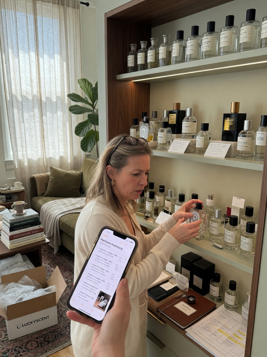 Perfume collection on a shelf