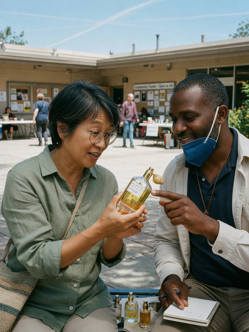 Collectors safely inspecting perfume bottles during a marketplace meetup
