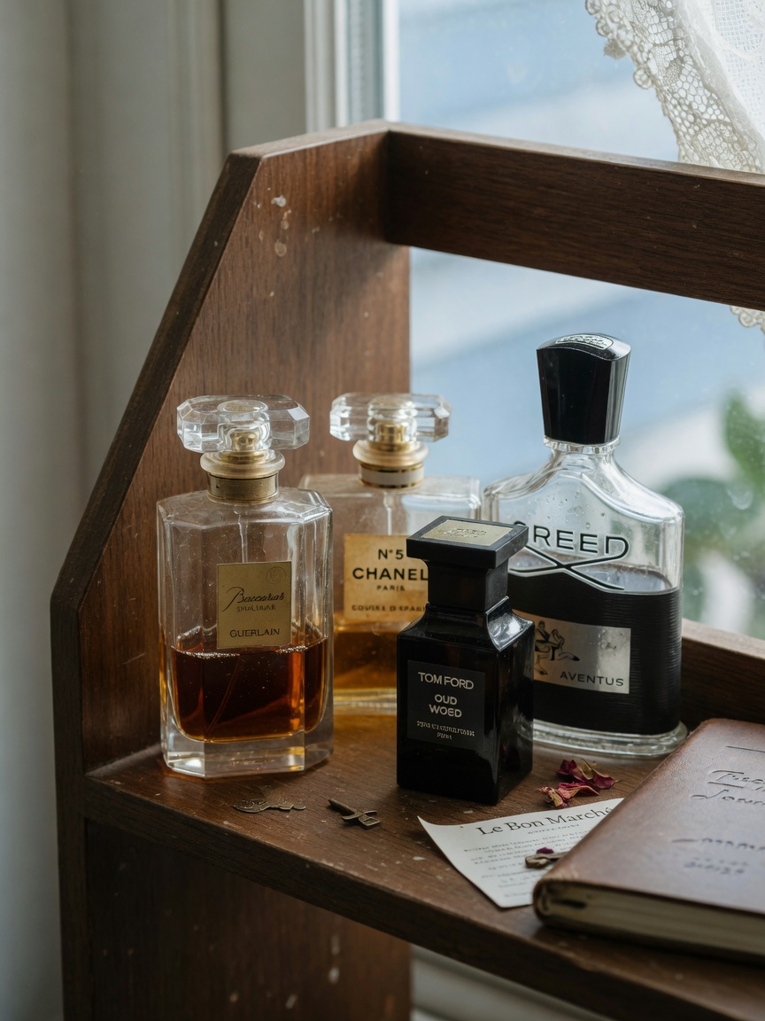 Curated fragrance collection on a shelf